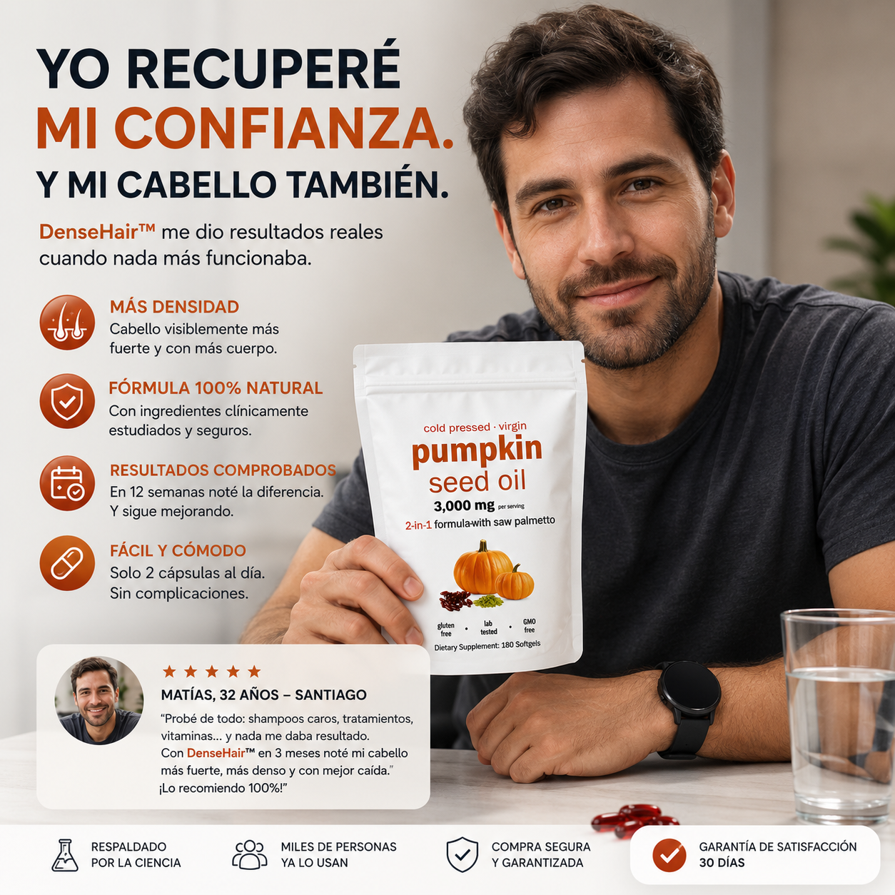 DenseHair™ – Aceite de Calabaza y Saw Palmetto, Combate la Caída y Engrosa tu Cabello