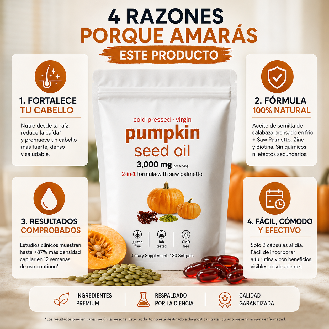 DenseHair™ – Aceite de Calabaza y Saw Palmetto, Combate la Caída y Engrosa tu Cabello